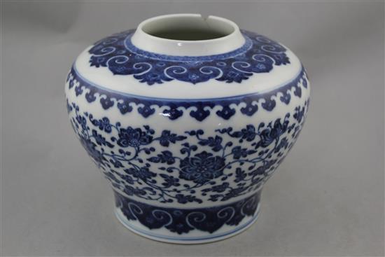 A Chinese blue and white Ming style baluster vase, late 19th/early 20th century, 16cm, some damage